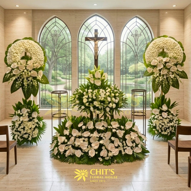 Funeral urn flower arrangement with white orchids lilies mums Philippines