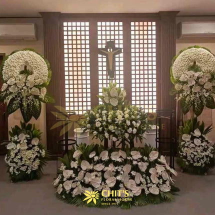 Funeral urn flower arrangement with white orchids lilies mums Philippines