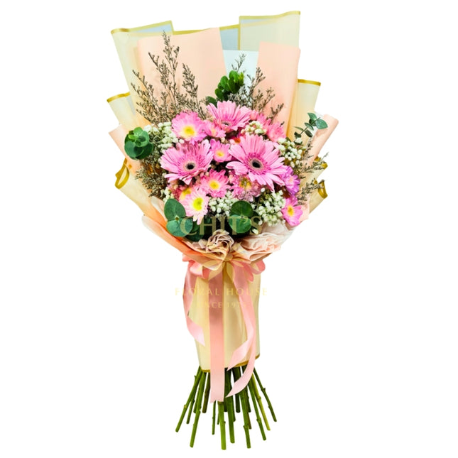 Gerbera Glamour bouquet with pink chrysanthemums and gerbera daisies