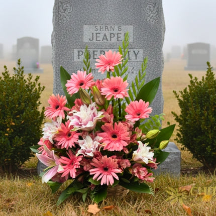Condolence flower basket with gerbera, stargazer lilies, and mums