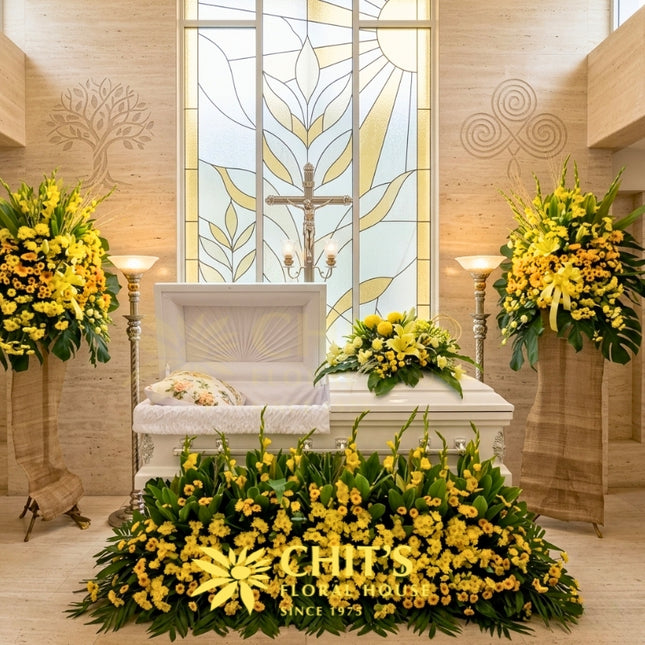 Golden Meadow casket flower set with yellow and white mums Philippines
