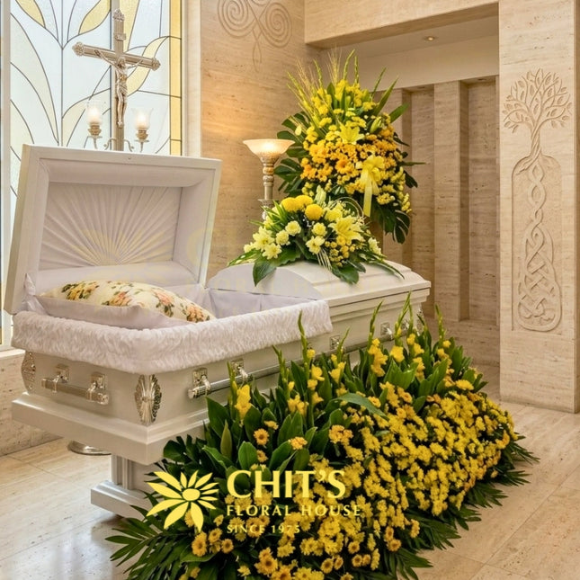 Golden Meadow casket flower set with yellow and white mums Philippines