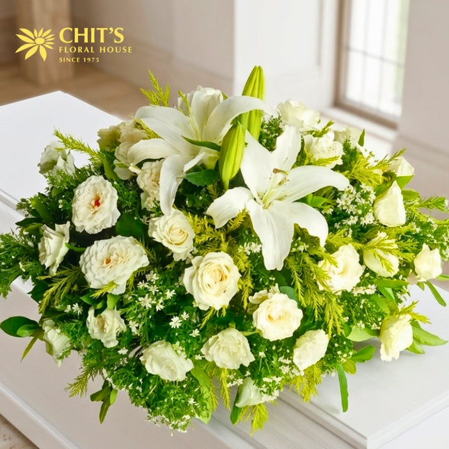 Grand Elegance Casket Spray white roses funeral flowers Chits Floral House Philippines