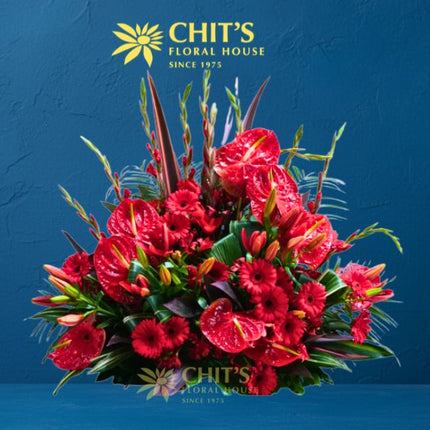 Large red anthurium and lily Undas memorial flower spray for cemetery tributes