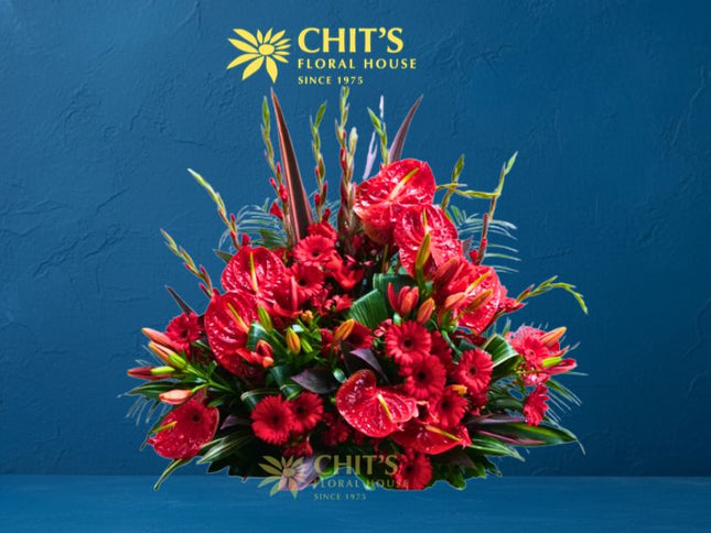 Large red anthurium and lily Undas memorial flower spray for cemetery tributes
