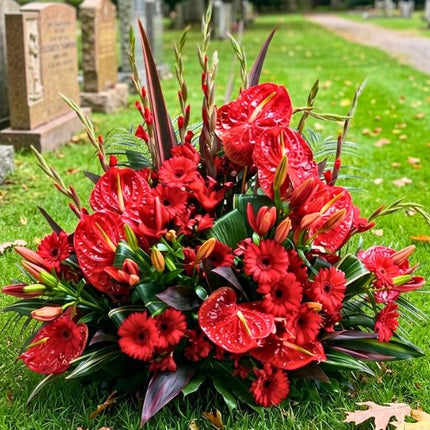 Large red anthurium and lily Undas memorial flower spray for cemetery tributes
