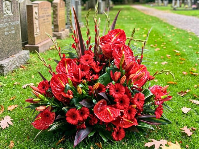 Large red anthurium and lily Undas memorial flower spray for cemetery tributes