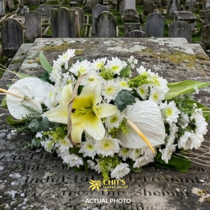 Grand Solace special long-and-low Undas basket with white lilies, anthuriums, and mums