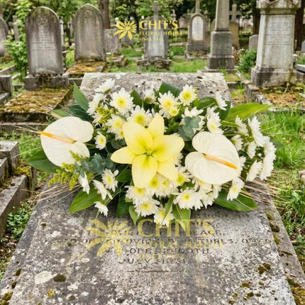 Grand Solace special long-and-low Undas basket with white lilies, anthuriums, and mums