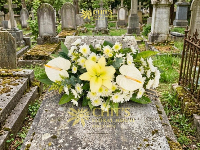 Grand Solace special long-and-low Undas basket with white lilies, anthuriums, and mums