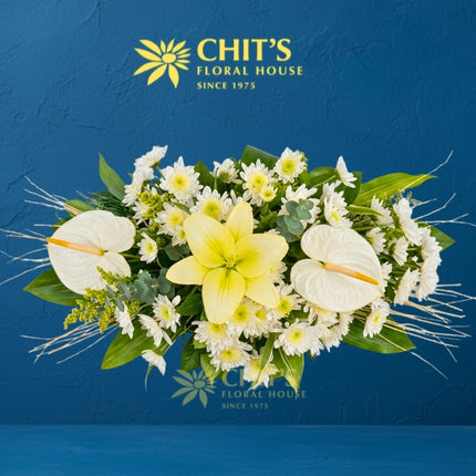 Grand Solace special long-and-low Undas basket with white lilies, anthuriums, and mums