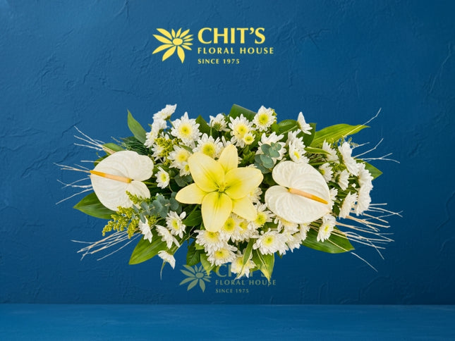 Grand Solace special long-and-low Undas basket with white lilies, anthuriums, and mums