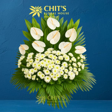 Large white anthurium and white mum Undas flower basket for cemetery visits