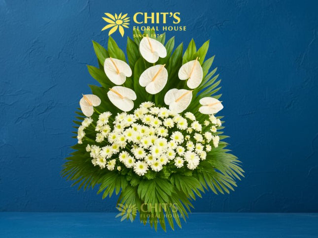 Large white anthurium and white mum Undas flower basket for cemetery visits