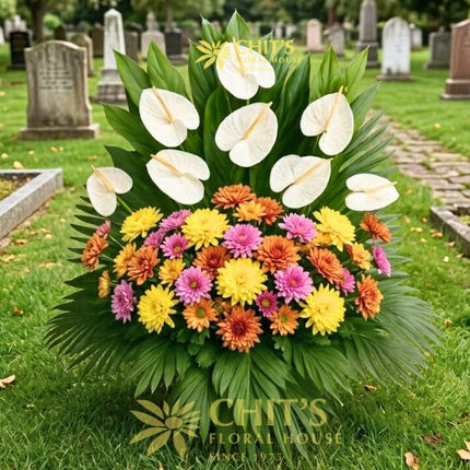 Large white anthurium and white mum Undas flower basket for cemetery visits