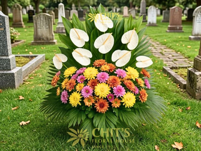 Large white anthurium and white mum Undas flower basket for cemetery visits