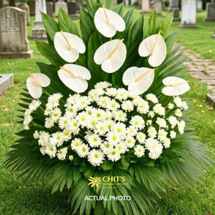 Large white anthurium and white mum Undas flower basket for cemetery visits