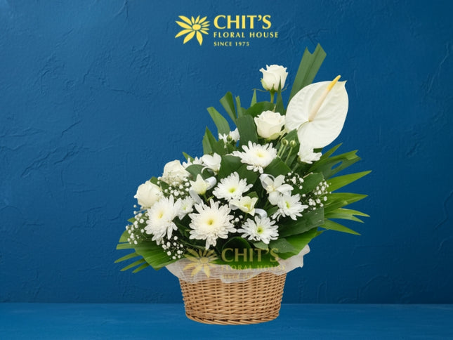 Graveside Serenity Basket – white lily funeral flower arrangement