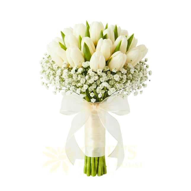 Hand-tied tulip wedding bouquet with imported floral accents