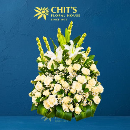 Heavenly Grace white Undas flower spray with white lilies, roses, and azucena
