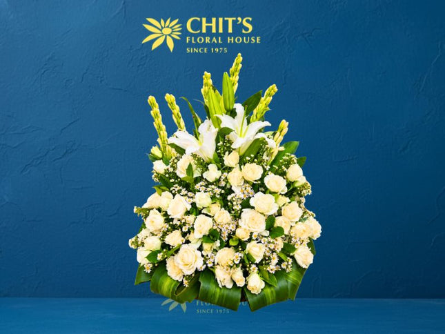 Heavenly Grace white Undas flower spray with white lilies, roses, and azucena