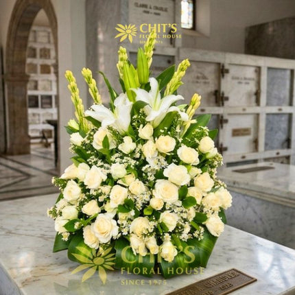 Heavenly Grace white Undas flower spray with white lilies, roses, and azucena