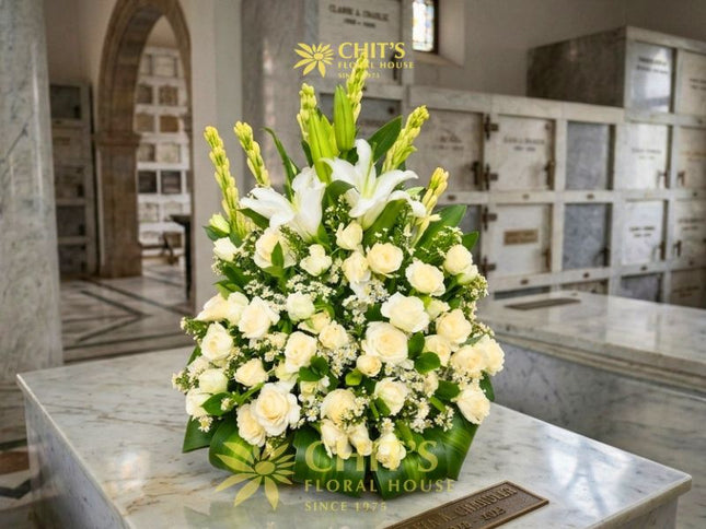 Heavenly Grace white Undas flower spray with white lilies, roses, and azucena