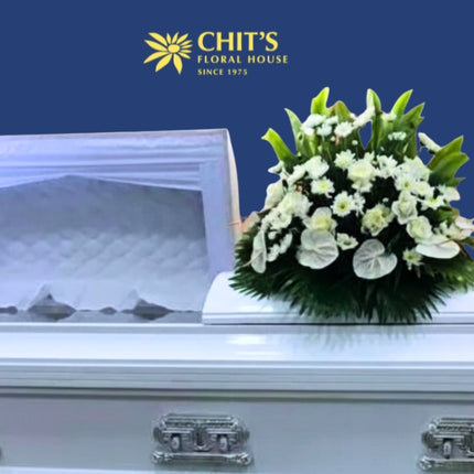Heavenly Rest casket flower arrangement with white roses, anthuriums, and chrysanthemums by Chits Floral House Philippines