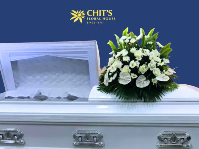 Heavenly Rest casket flower arrangement with white roses, anthuriums, and chrysanthemums by Chits Floral House Philippines