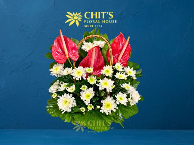 Large Undas flower basket with pink anthuriums and white chrysanthemums for cemetery visits
