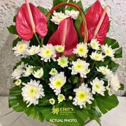 Large Undas flower basket with pink anthuriums and white chrysanthemums for cemetery visits