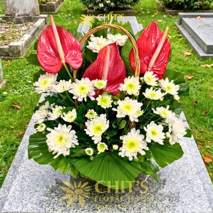 Large Undas flower basket with pink anthuriums and white chrysanthemums for cemetery visits