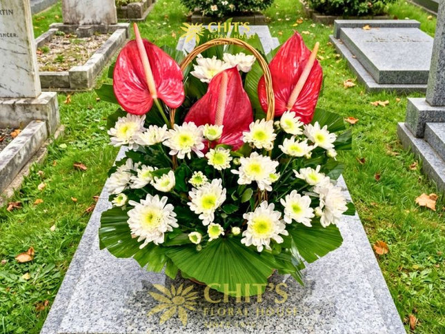 Large Undas flower basket with pink anthuriums and white chrysanthemums for cemetery visits