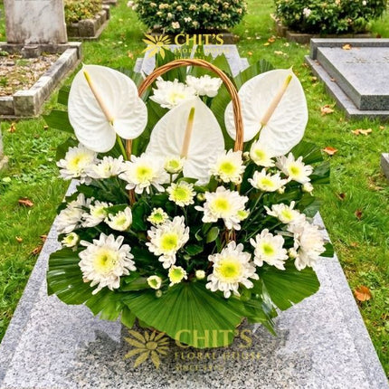 Large Undas flower basket with pink anthuriums and white chrysanthemums for cemetery visits
