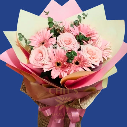 Beautiful large pink garden bouquet with roses and gerberas