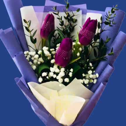 Lavender Tulip Trio 3-stem tulip bouquet with imported accents
