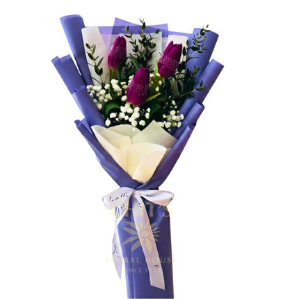 Lavender Tulip Trio 3-stem tulip bouquet with imported accents