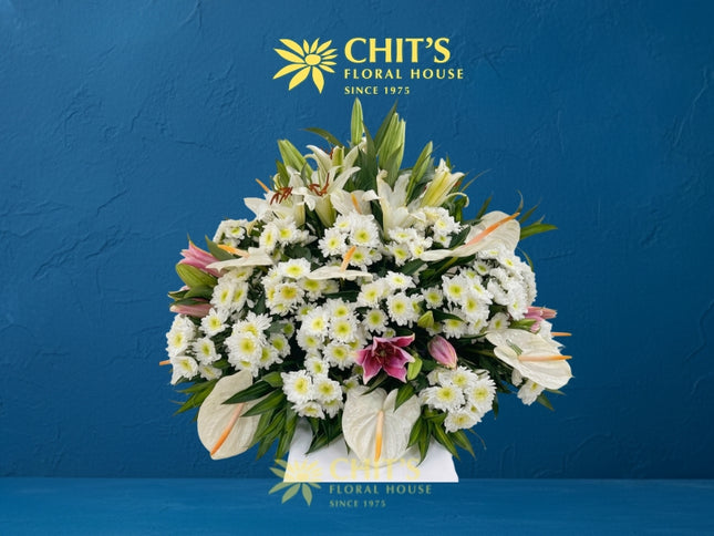 Sacred Grace – Lily, Anthurium &amp; Chrysanthemum Sympathy Basket
