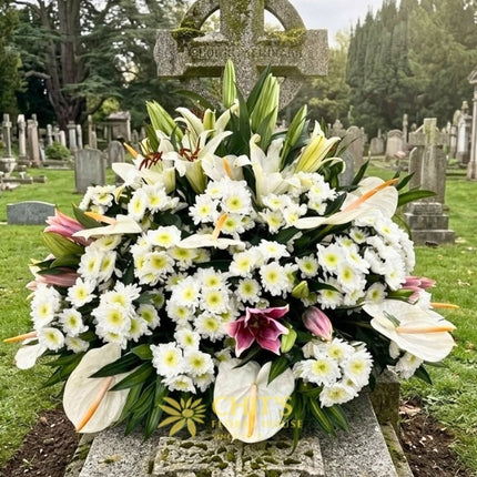 Sacred Grace – Lily, Anthurium &amp; Chrysanthemum Sympathy Basket