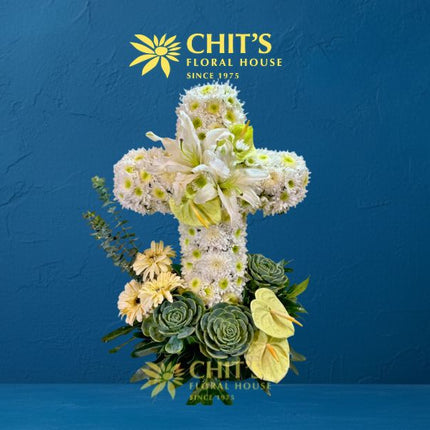 Living Serenity | Succulent & White Anthurium Funeral Cross