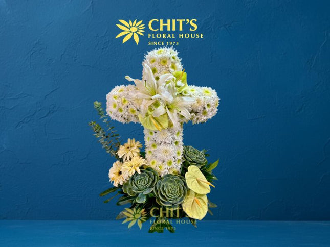 Living Serenity | Succulent & White Anthurium Funeral Cross