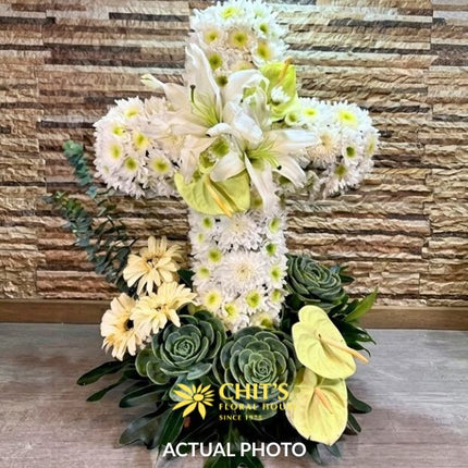 Living Serenity | Succulent & White Anthurium Funeral Cross