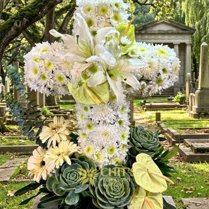 Living Serenity | Succulent & White Anthurium Funeral Cross