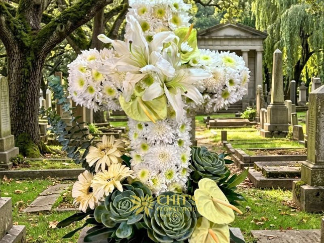 Living Serenity | Succulent & White Anthurium Funeral Cross