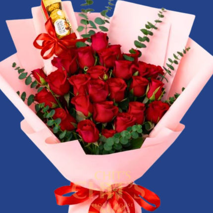 Love in Full Bloom 24-stem rose bouquet with eucalyptus and Ferrero Rocher chocolates