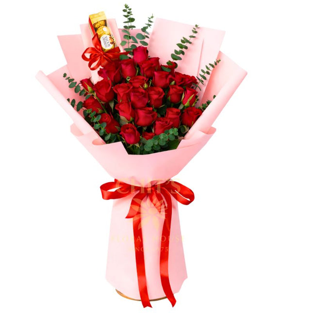 Love in Full Bloom 24-stem rose bouquet with eucalyptus and Ferrero Rocher chocolates