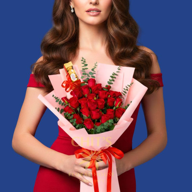 Love in Full Bloom 24-stem rose bouquet with eucalyptus and Ferrero Rocher chocolates