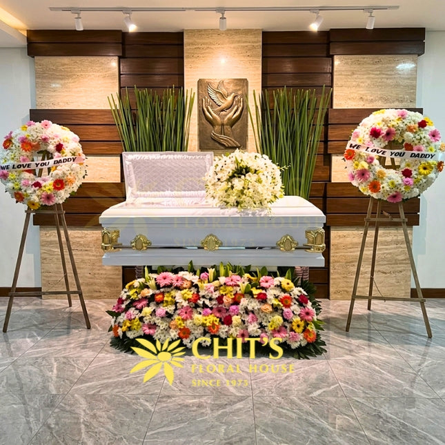 Majestic orchid casket flower set with wreath standing and garden flowers Philippines