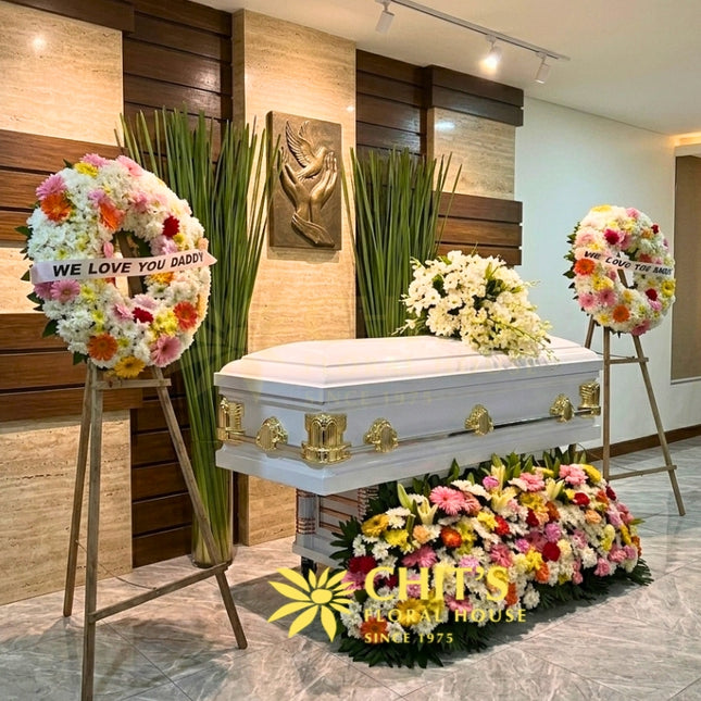 Majestic orchid casket flower set with wreath standing and garden flowers Philippines