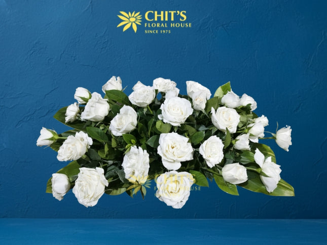 Mass offertory rose bouquet long and low altar flower arrangement